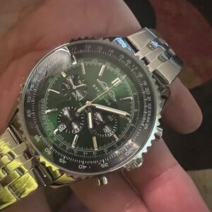 New Breitling Silver and Green Chronograph Stainless Steel Watch